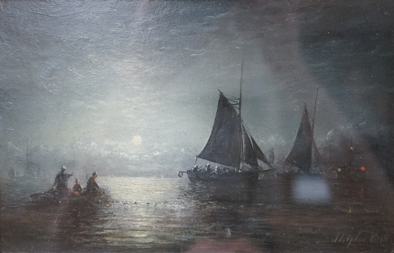 William Adolphus Knell (1801-1875), monochrome oil on board, moonlit shipping scene, signed, 14 x 21cm. Condition - good